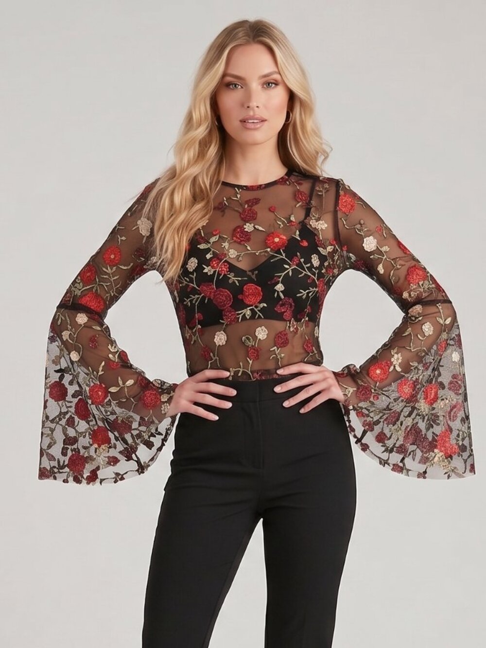 Floral Embroidered Sheer Mesh Crop Top Fluted Bell Sleeve Back Zip Blouse